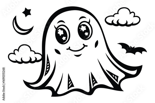 Cartoonish ghost with big eyes waves its hands appearing friendly and approachable