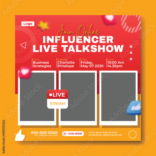 Influencer live talkshow event poster with three panel display of participants and social media icons