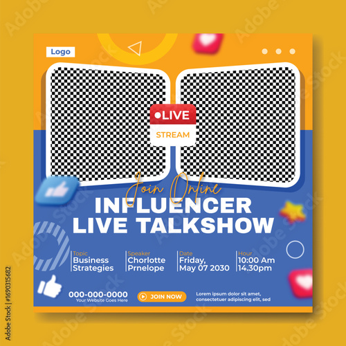 Influencer live talkshow with two women broadcasting online featuring social media icons and live streaming elements