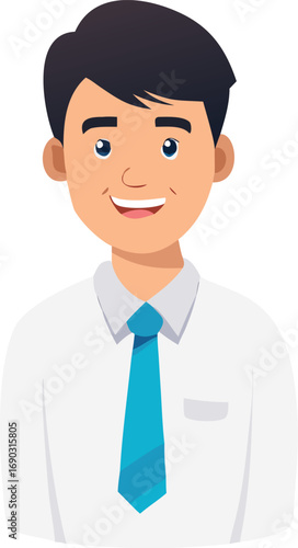 Male office worker feels content and confident with his charming smile, ready for workday ahead in vector illustration
