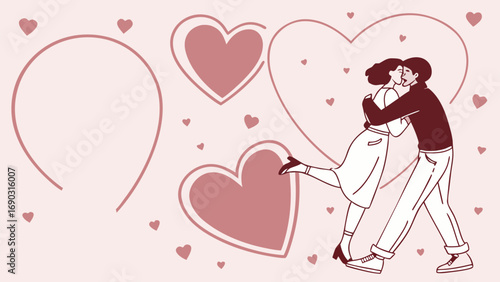 Embrace and Love Illustration: An artistic illustration of a couple, deeply in love, embracing amidst a backdrop of tender hearts, symbolizing affection and emotional connection.