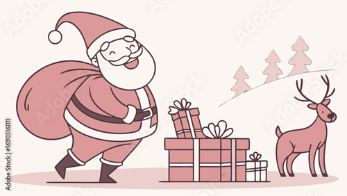 Santa's Gift Delivery: A jolly figure, loaded with a sack of presents, pauses to arrange gifts near a reindeer amidst a serene, festive setting.