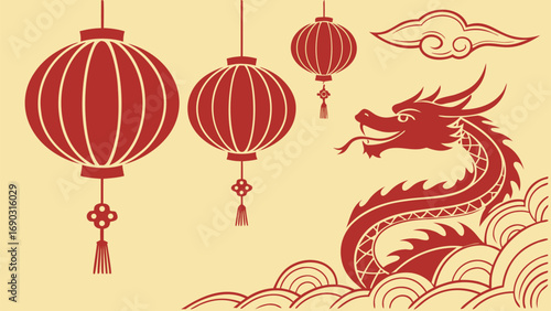 Lunar New Year Celebration: A festive illustration of the Lunar New Year, featuring a stylized red dragon, hanging lanterns, and a traditional cloud design on a yellow background.