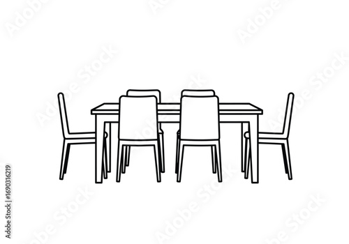 Dining table and chairs drawing. A line art sketch of a dining table with chairs, set designed for meals and gatherings, commonly found in dining rooms or kitchens. Vector sketch line art draw.