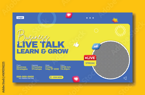 Engaging live talk webinar with a young woman presenter and digital icons promoting learning and growth