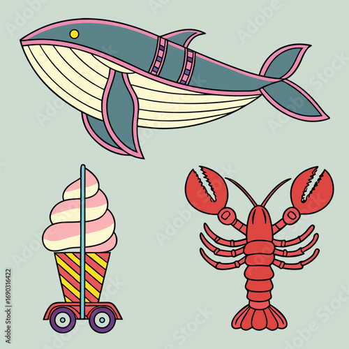 Stylized whale, ice cream cart, and lobster appear in an outlined whimsical composition