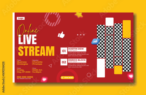 Young woman with headphones broadcasting live stream online with social media icons and graphics