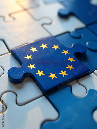european union flag puzzle piece lit soft morning light golden stars shining brightly blurred background