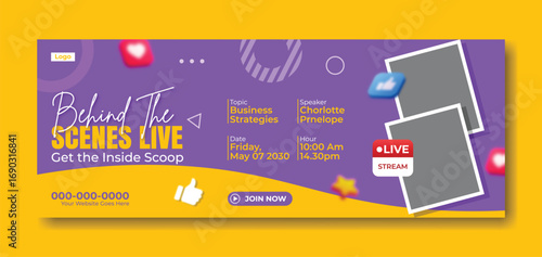 Vibrant purple banner promoting live event with photos and festive decorations