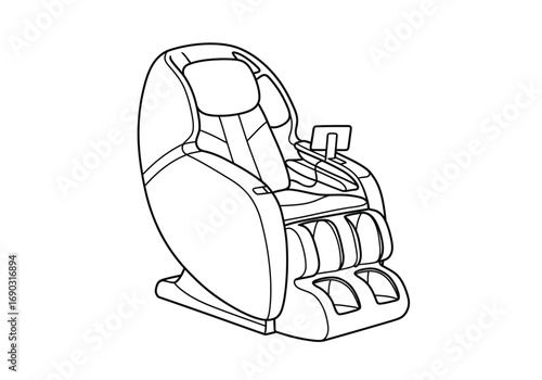 Massage chair drawing. A line art sketch of a massage chair, a therapeutic seat with built-in electronic massagers, designed for ultimate relaxation and stress relief. Vector sketch line art draw.