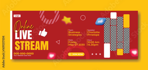 Vibrant red live stream banner with social media icons and a woman smiling