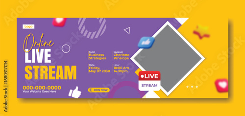 Young woman live streaming on social media with vibrant purple and yellow background and graphic elements