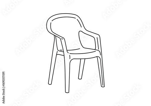Plastic chair drawing. A line art sketch of a plastic chair, a common and durable piece of furniture indoor and outdoor seating due to its lightweight. Vector sketch line art draw.