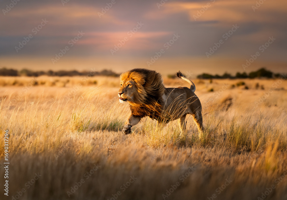 Naklejka premium Majestic male lion walking across the African savannah