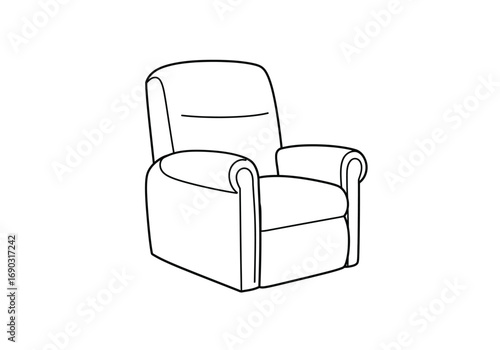Recliner chair drawing. It is a line art sketch of a recliner chair, a comfortable and upholstered armchair that tilts backward and has a footrest that extends forward. Vector sketch line art draw.