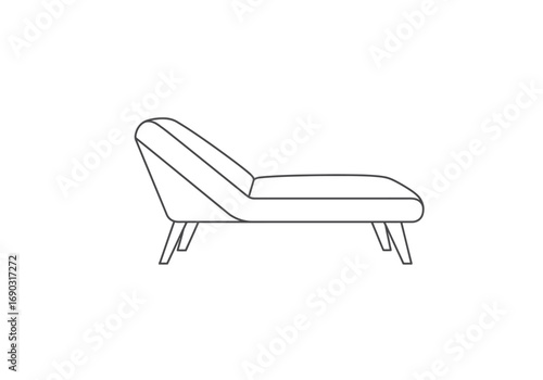 Lounge chair drawing. It is a line art sketch of a lounge chair, also known as a chaise lounge, a long reclining chair designed for relaxation. Vector sketch line art draw.