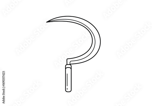 Sickle drawing. It is a line art sketch of a sickle, a curved agricultural hand tool with a sharp blade used for harvesting crops or cutting grass. Vector sketch line art draw.