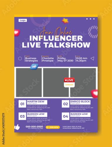 Modern influencer live talk show poster design with three hosts and event details