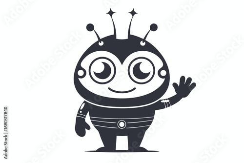 Cheerful dark alien robot waves his hand in greeting on an isolated backdrop