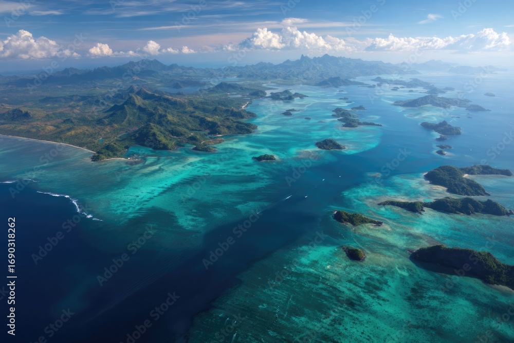 Fototapeta premium sweeping aerial view of tropical islands surrounded by turquoise sea, bright clear skies, vibrant atmosphere.