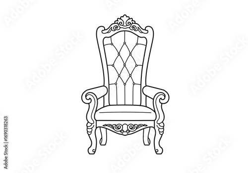 Throne chair drawing. It is a line art sketch of a throne, an ornate and luxurious chair for a royal or a ruler, often associated with power and authority. Vector sketch line art draw.