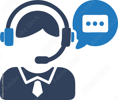 Customer service agent wears headset and offers assistance with a digital speech bubble