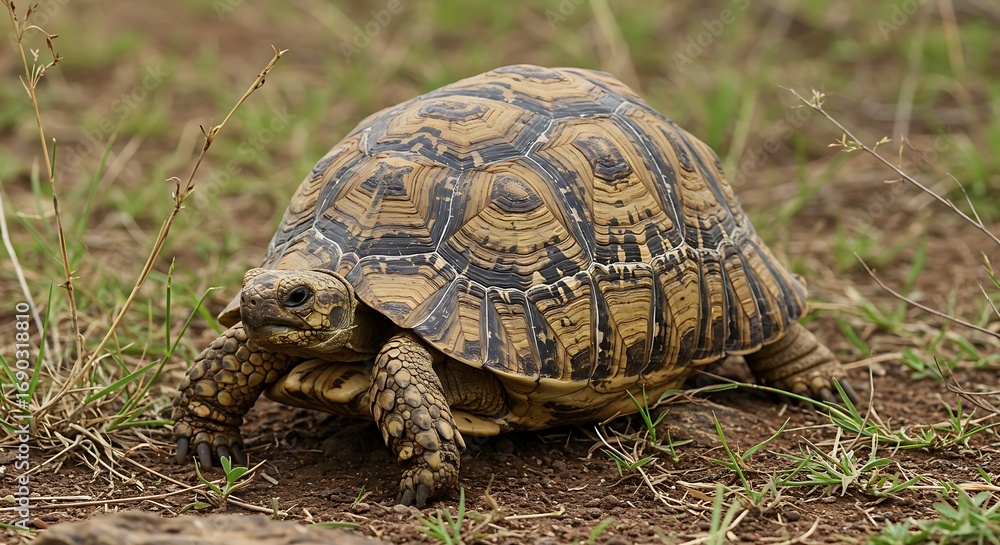 Obraz premium Wild Leopard Tortoise Crawling in the Grass.