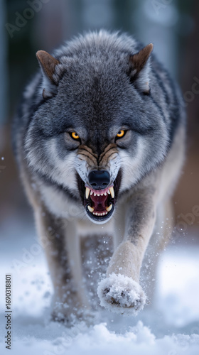 A wolf running through the snow with its mouth open