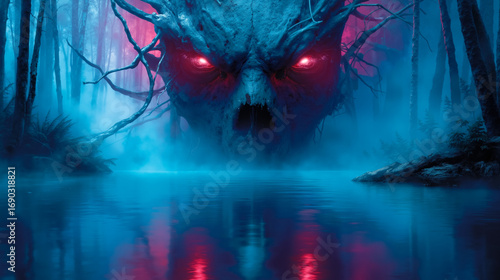 A creepy looking tree in the middle of a forest with red eyes