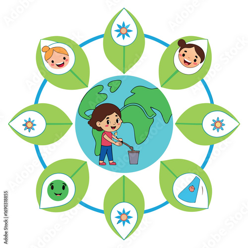 Young girl waters Earth with smiling faces contained within the teardrop leaves surrounding the globe