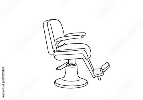 Barber chair drawing. A line art sketch of a barber chair, a professional, adjustable, often reclining chair found in barbershops and salons for haircuts and grooming. Vector sketch line art draw.