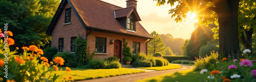 charming brick cottage basks soft golden light afternoon surrounded lush greenery vibrant