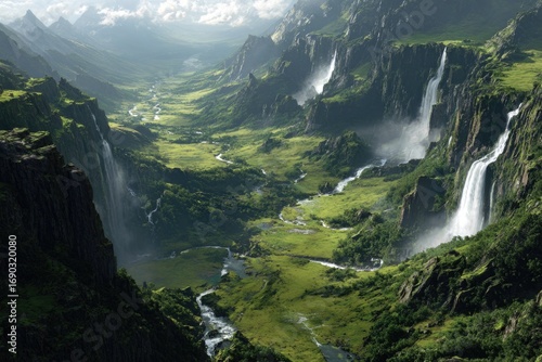 sweeping landscape of tall waterfalls cascading into green valleys, bright natural light, majestic scenery.