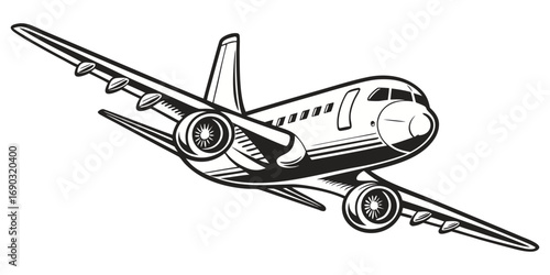 A high-contrast black and white stencil-style image of a commercial airplane in mid-flight, shown from a front-left angle. The airplane has a rounded nose and twin engines visible under the wings. The