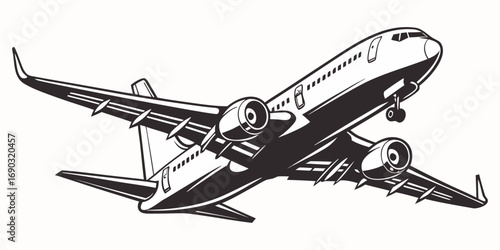 A high-contrast black and white stencil-style image of a commercial airplane in mid-flight, shown from a front-left angle. The airplane has a rounded nose and twin engines visible under the wings. The