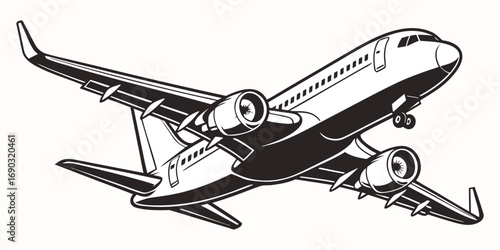 A high-contrast black and white stencil-style image of a commercial airplane in mid-flight, shown from a front-left angle. The airplane has a rounded nose and twin engines visible under the wings. The