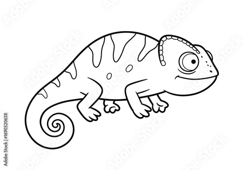 Chameleon cartoon drawing. It is a line art sketch of a cute cartoon chameleon, a lizard known for its large eyes and prehensile tail. Vector sketch line art draw.