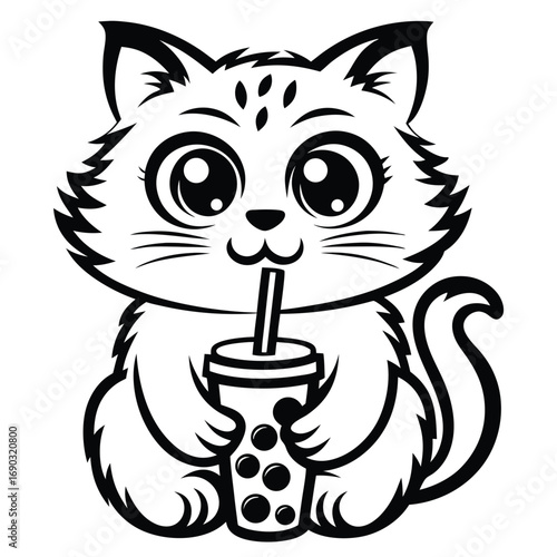 Cute cartoon cat happily enjoys a boba tea drink, outlined in black and white