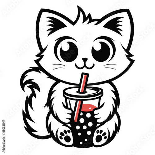 Cute cartoon fox with big eyes happily drinks boba tea through a straw