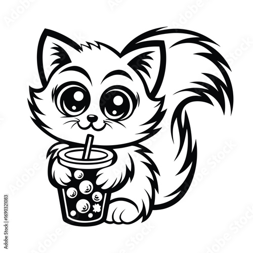 Cute cartoon cat joyfully sips on bubble tea through a straw in outline style