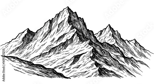 Majestic Mountain Peak Hand-Drawn Ink Illustration of a Rugged, Snow-Capped Mountain Range