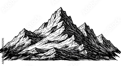 Detailed black and white illustration of a mountain range with jagged peaks and textured surfaces, ideal for design
