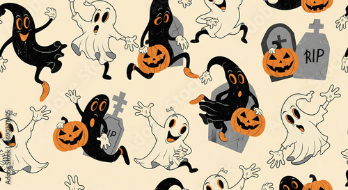 Playful Halloween ghosts with jack-o'-lanterns and tombstones creating a fun, festive seamless pattern, perfect for spooky seasonal designs