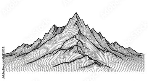Detailed hand-drawn illustration of a rugged mountain range in black and white, a symbol of nature's strength