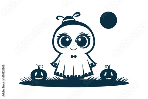Cute ghost cartoon with pumpkins gazes up at the moon happily on Halloween night