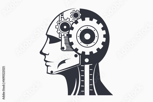 Dark silhouette reveals a humanlike robot's head connected to electronic circuits in monochrome