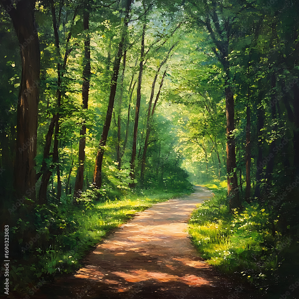 Obraz premium Dense green woodland with sunlight shining through leaves high resolution picture