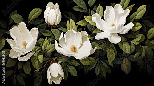 white flowers on black background