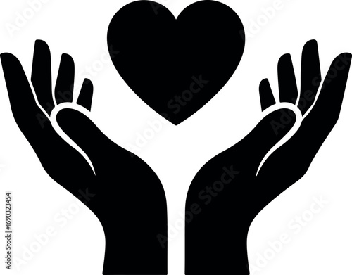 Silhouette of two open hands gently holding a black heart symbol above them vector