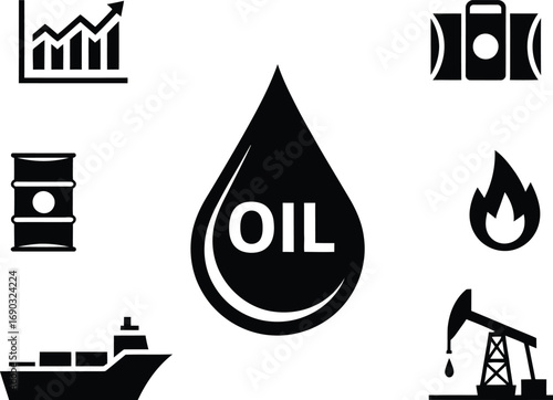 Oil Sector Essentials Icons Doodle Set – Black and White Vector Illustrations of Petroleum, Transport, and Market Growth